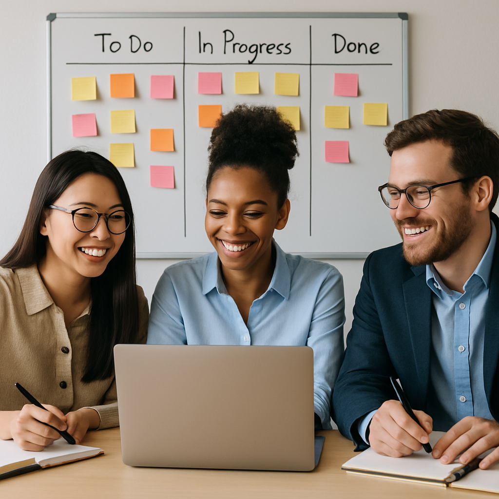 A small team 3 of smiling professionals working together at a desk showcasing collaboration at whiteboard with post notes and kanban-1