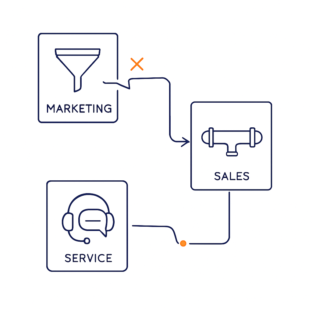 Create a minimal lineart illustration on a pure white background showing a broken customer journey Include three disconnected modules labeled Marketin