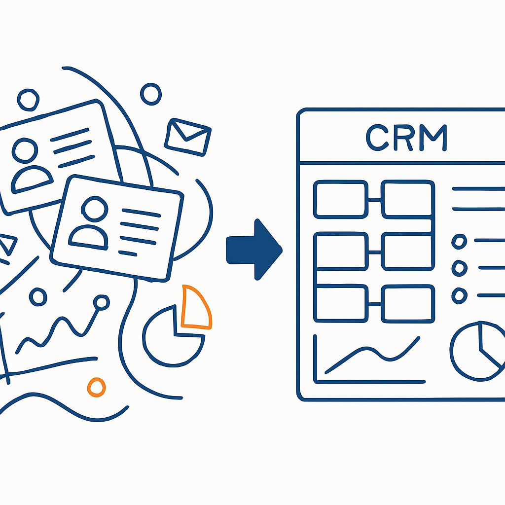 Create a minimal lineart illustration on a pure white background showing a leftversusright transformation On the left depict messy CRM data using scat