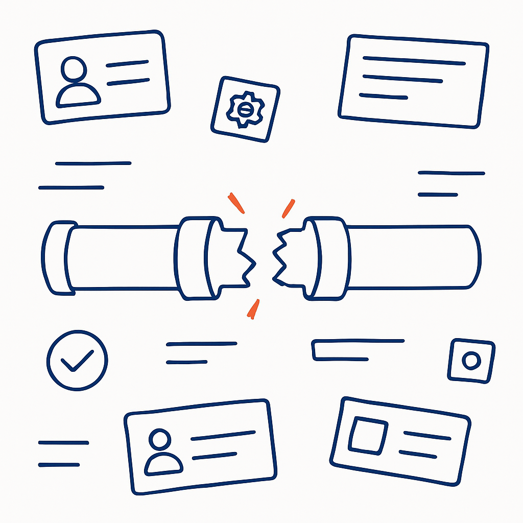 Create a minimal lineart illustration on a white background showing a broken pipeline with missing stages Surround it with scattered contact cards par Create a minimal lineart illustration on a white background showing a broken pipeline with missing stages Surround it with scattered contact cards par