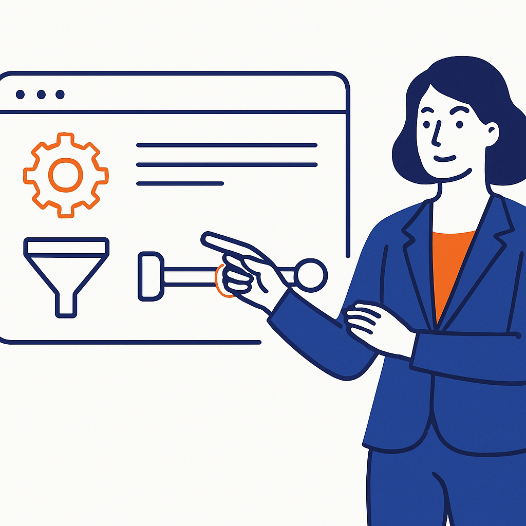 Create a clean minimal hero illustration on a white background featuring a confident professional pointing toward a simple linestyle dashboard that in-1