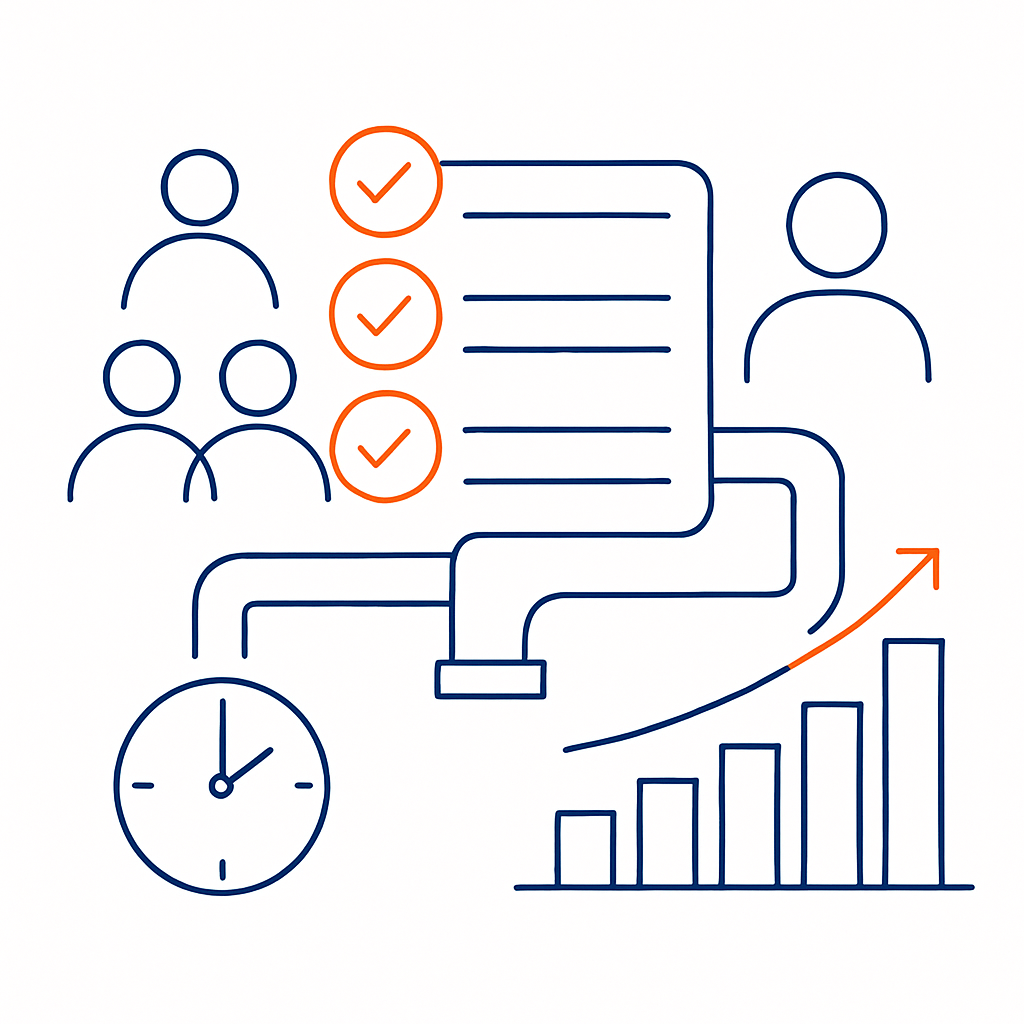 Create a minimal lineart illustration on a pure white background representing measurable business outcomes achieved through a structured system Show a