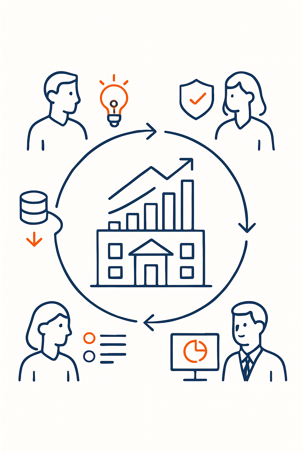 Create a minimal lineart illustration on a pure white background representing ongoing RevOps governance as a stable operating layer around a revenue s-2