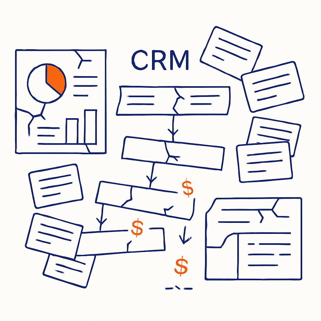 Create a minimal lineart illustration on a pure white background showing a chaotic CRM with disorganized cards broken pipeline stages and small deal i-1 Create a minimal lineart illustration on a pure white background showing a chaotic CRM with disorganized cards broken pipeline stages and small deal i-1