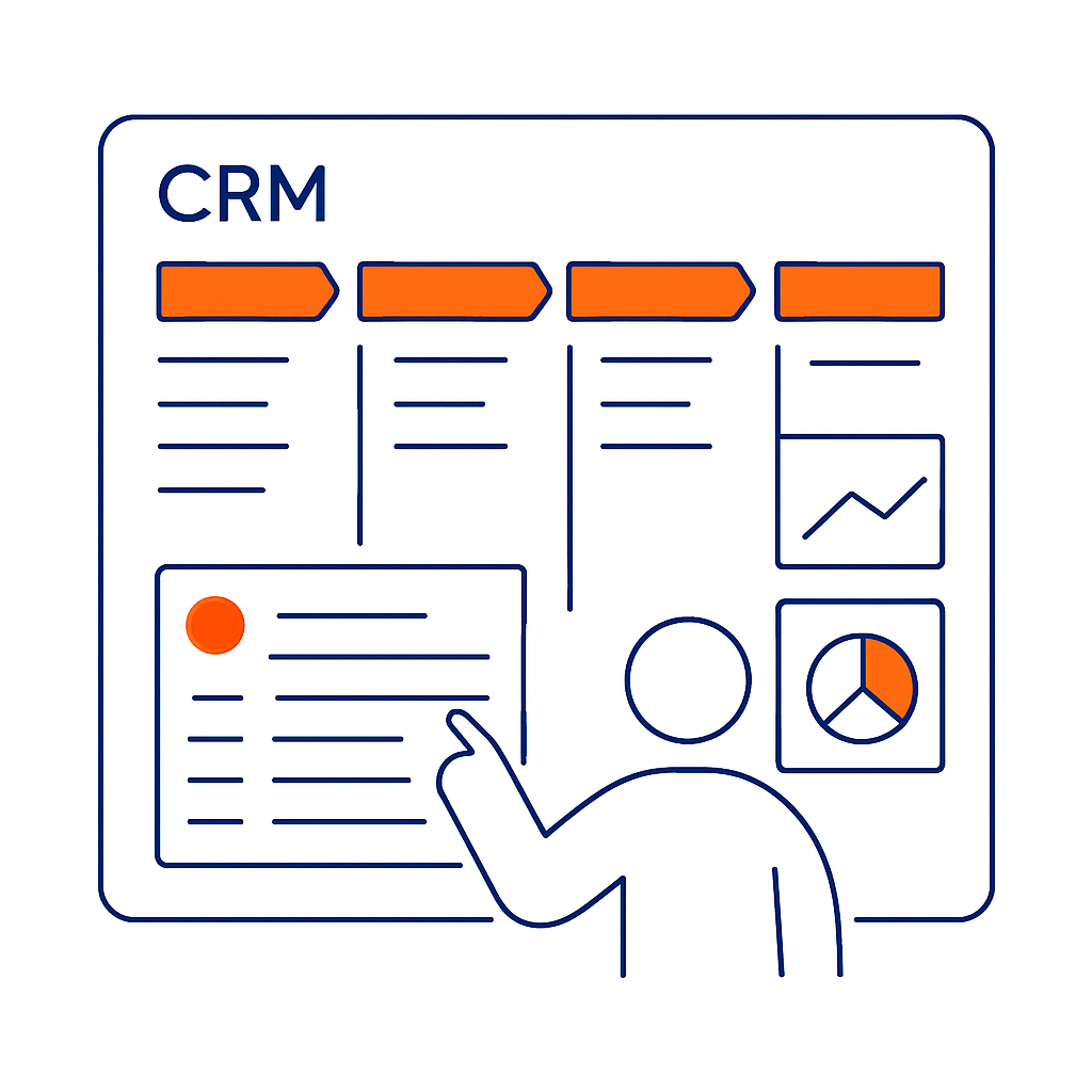 Create a minimal lineart illustration on a pure white background showing a clean organized CRM dashboard with a clear pipeline tidy lists and simple c Create a minimal lineart illustration on a pure white background showing a clean organized CRM dashboard with a clear pipeline tidy lists and simple c