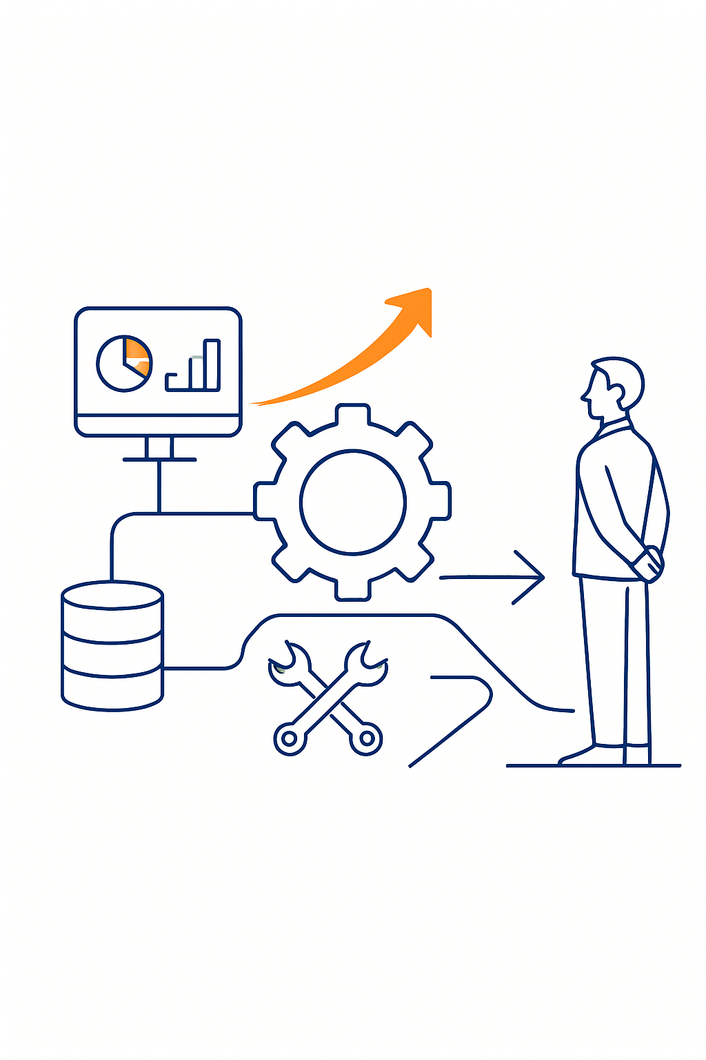 Create a minimal lineart illustration on a pure white background showing a mature stable revenue engine operating smoothly over time Depict a clean we-1