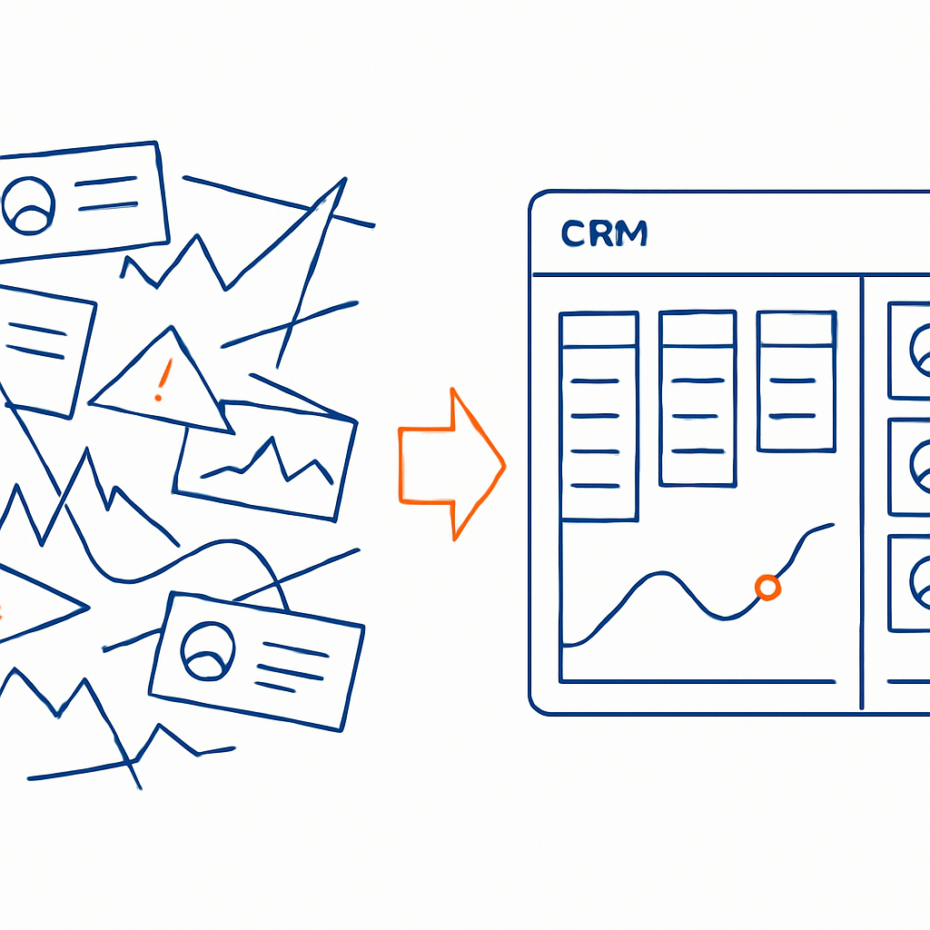 Create a minimal lineart illustration on a pure white background showing a transformation from messy CRM chaos to a clean streamlined CRM On the left-1 Create a minimal lineart illustration on a pure white background showing a transformation from messy CRM chaos to a clean streamlined CRM On the left-1