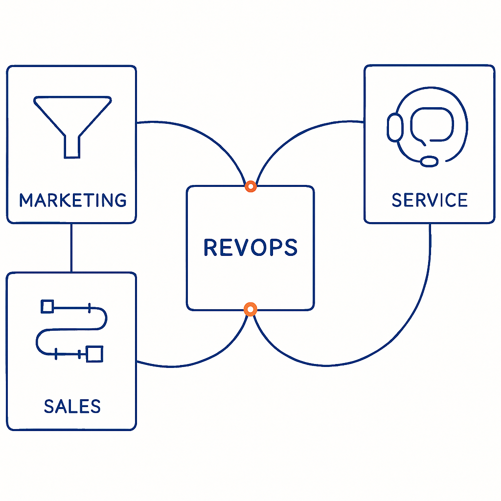 Create a minimal lineart illustration on a pure white background showing an aligned revenue engine connecting Marketing Sales and Service Draw three l Create a minimal lineart illustration on a pure white background showing an aligned revenue engine connecting Marketing Sales and Service Draw three l
