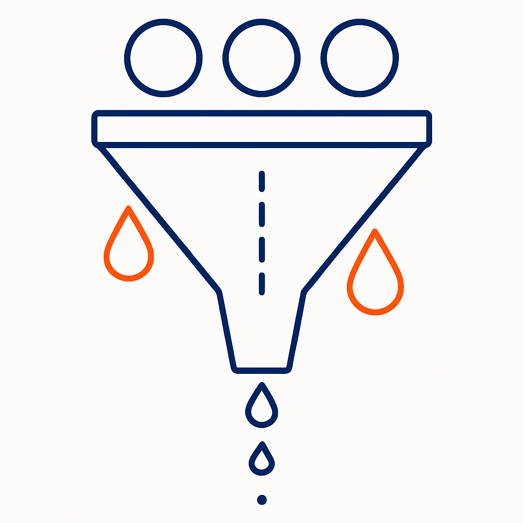 Create a minimal lineart illustration on a white background showing a leaking funnel some leads go through while others drip out the sides Use Deep Bl Create a minimal lineart illustration on a white background showing a leaking funnel some leads go through while others drip out the sides Use Deep Bl