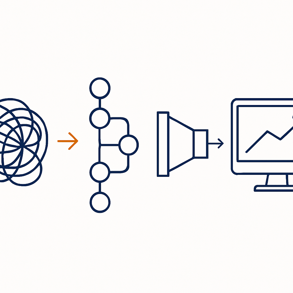 Create a minimal lineart illustration on a white background showing a lefttoright transformation arc from messy leads clean automated workflows clea Create a minimal lineart illustration on a white background showing a lefttoright transformation arc from messy leads clean automated workflows clea