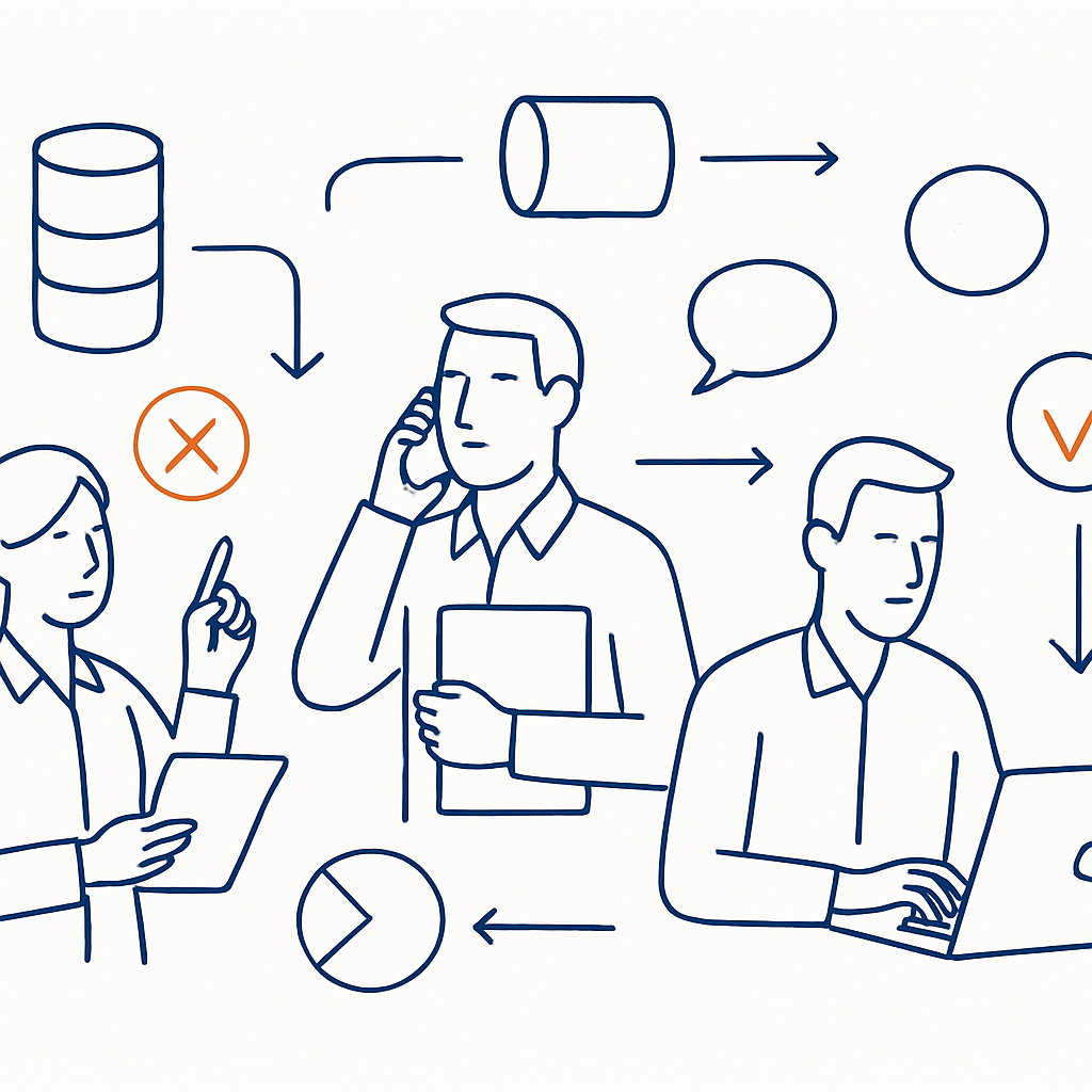 Create a minimal lineart illustration on a white background showing three abstract sales reps each using different disconnected workflows Include mism-1 Create a minimal lineart illustration on a white background showing three abstract sales reps each using different disconnected workflows Include mism-1