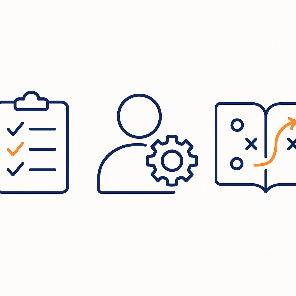 Create a minimal lineart set on a white background showing icons for adoption and behavior a checklist a person with a gear and a training playbook Us