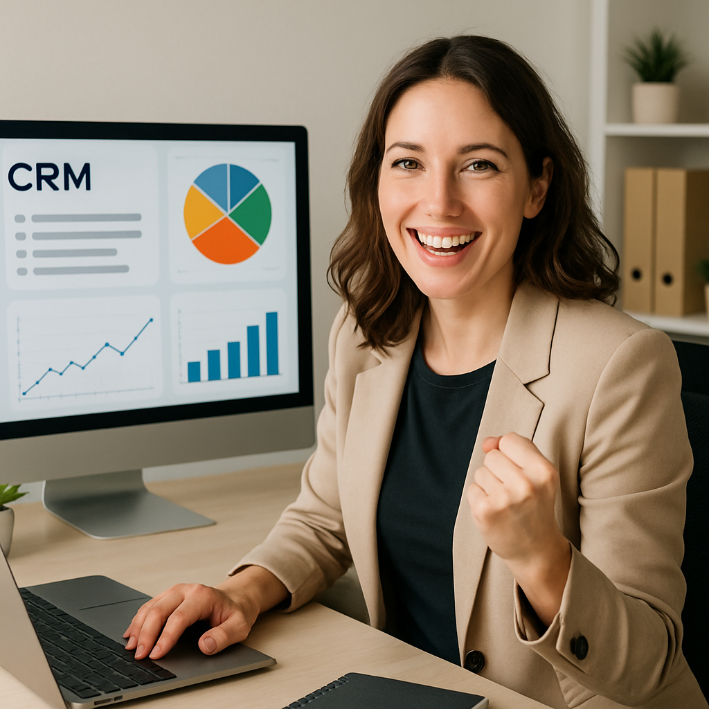 make it female create image of business owner happy with new CRM setup taht provides business insights gained